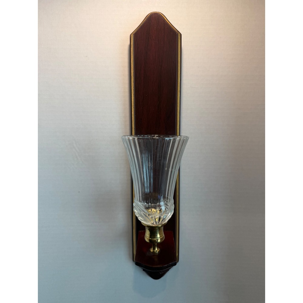 Vintage HOMCO Wood & Brass Wall Sconce Candle Holder with Fluted Glass Hurricane